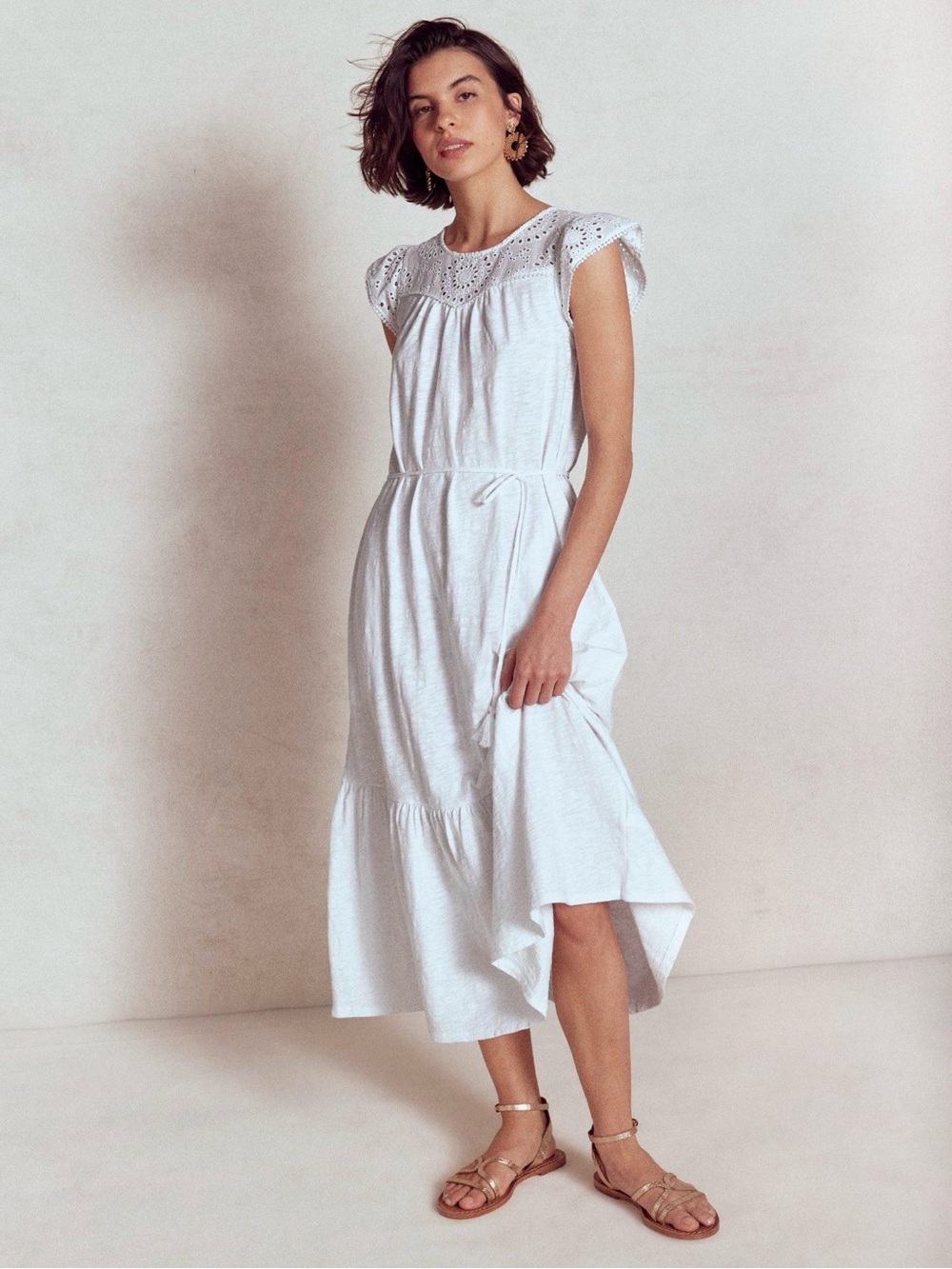 Boden Juliet Broderie Midi Dress White Eyelet Cotton Flutter Sleeve US 8R NWT